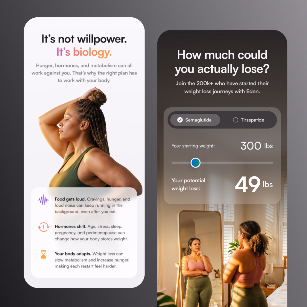 Two more mobile screens: the It's Not Willpower, It's Biology page and an interactive weight-loss potential calculator