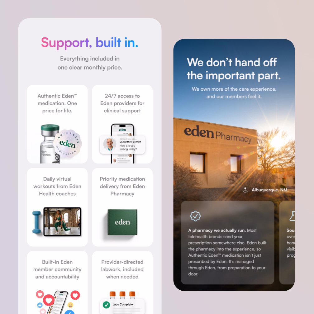 Mobile screens highlighting a feature grid, and a pharmacy page