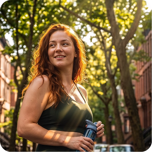 Candid warm-lit portrait of a woman outdoors holding a water bottle, part of Eden's premium lifestyle photography