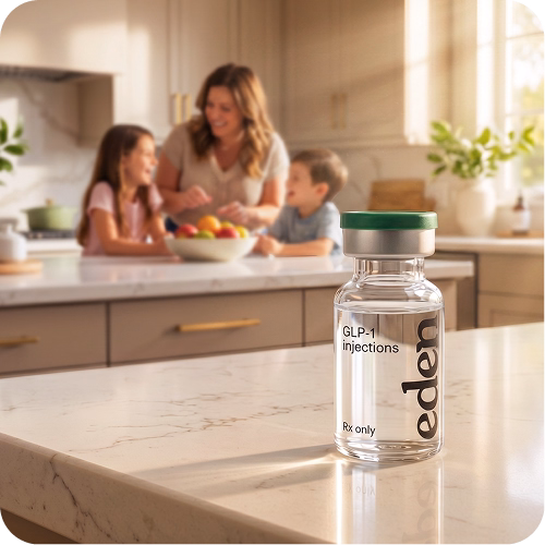 An Eden medication vial on a kitchen counter with a family cooking together in the warmly lit background