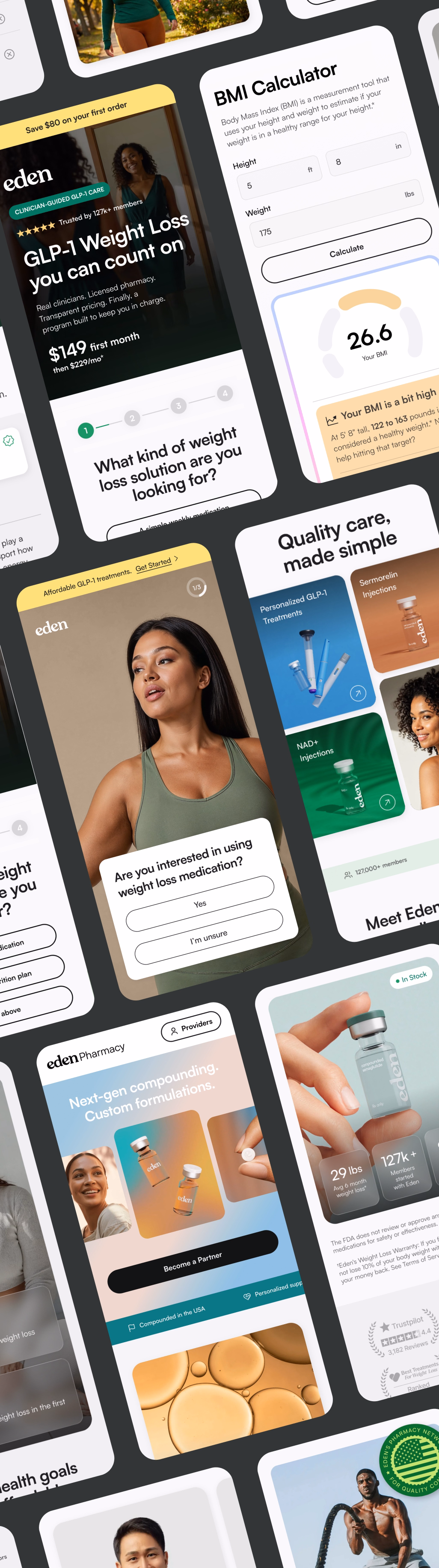 Grid of Eden page and content variants tested during the rollout, including a BMI calculator, lifestyle photography, and an influencer partnership card