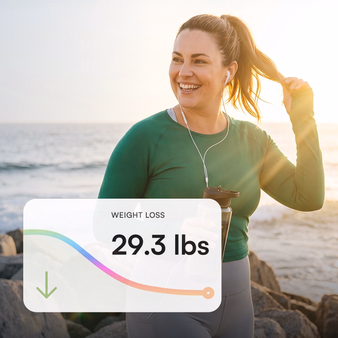 Eden brand photo of a woman in workout gear outdoors, with a weight-loss progress card reading 29.3 lbs overlaid