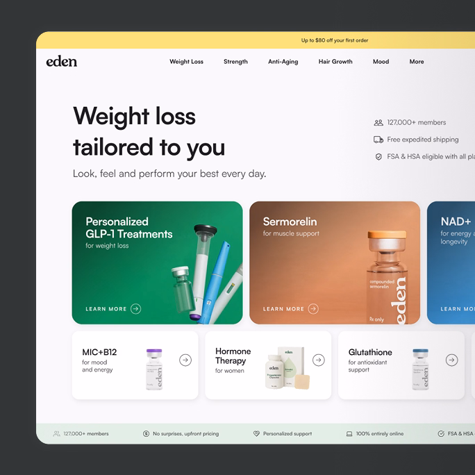 Mockups of the Eden weight-loss website homepage across devices, headlined Weight Loss, Tailored to You