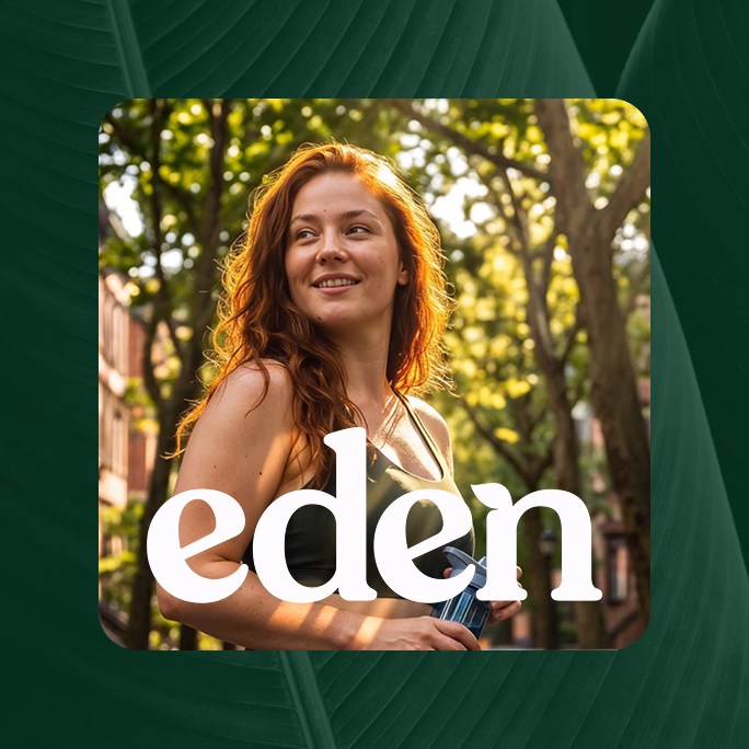 Portrait of a woman in natural light with the Eden wordmark logo overlaid in green