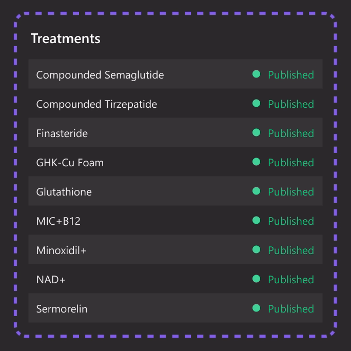 Webflow CMS collection list of nine published Eden treatment types, from Compounded Semaglutide to Sermorelin