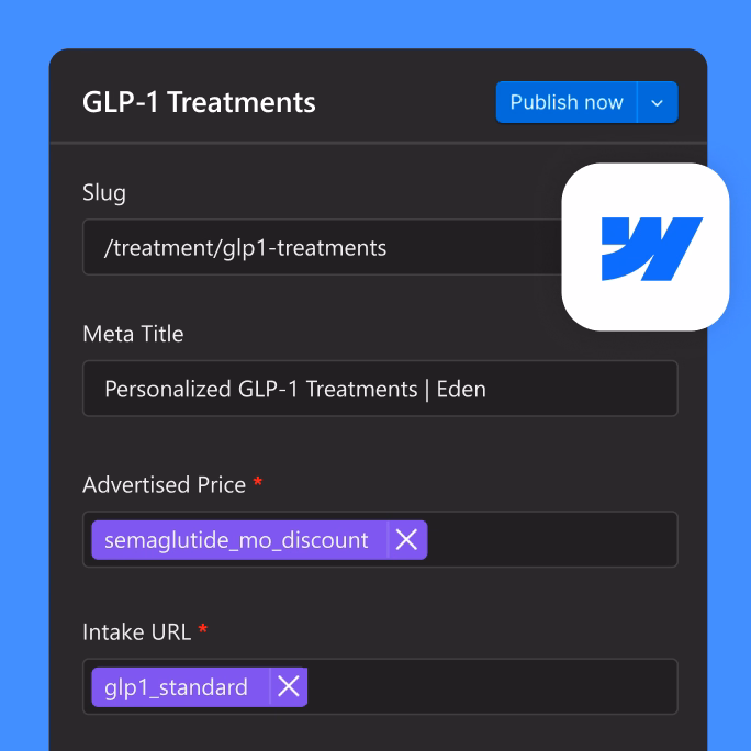 Webflow CMS page editor for a GLP-1 Treatments product template, showing slug, meta title, and pricing fields