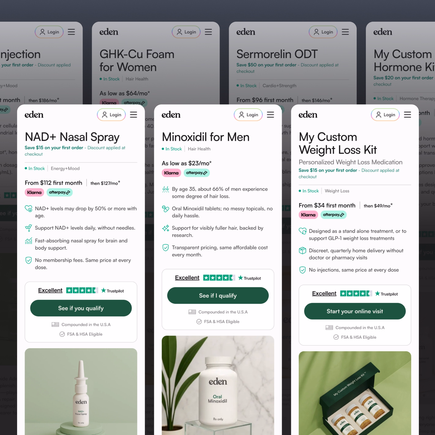 Multiple CMS-generated Eden product pages side by side: NAD+ Nasal Spray, Minoxidil, Custom Weight Loss Kit, and more.