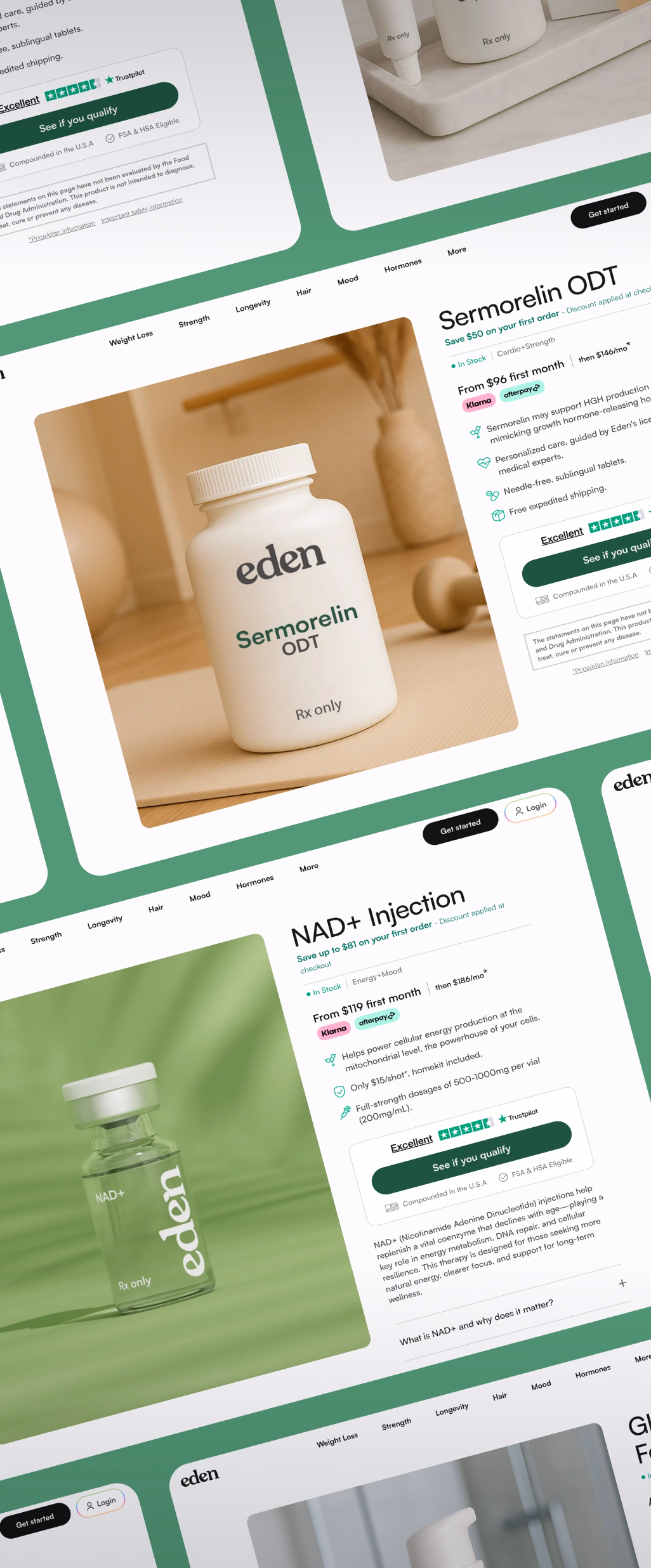 Multiple desktop CMS-generated Eden product pages side by side: Sermorelin ODT, NAD+ Injection, and more.