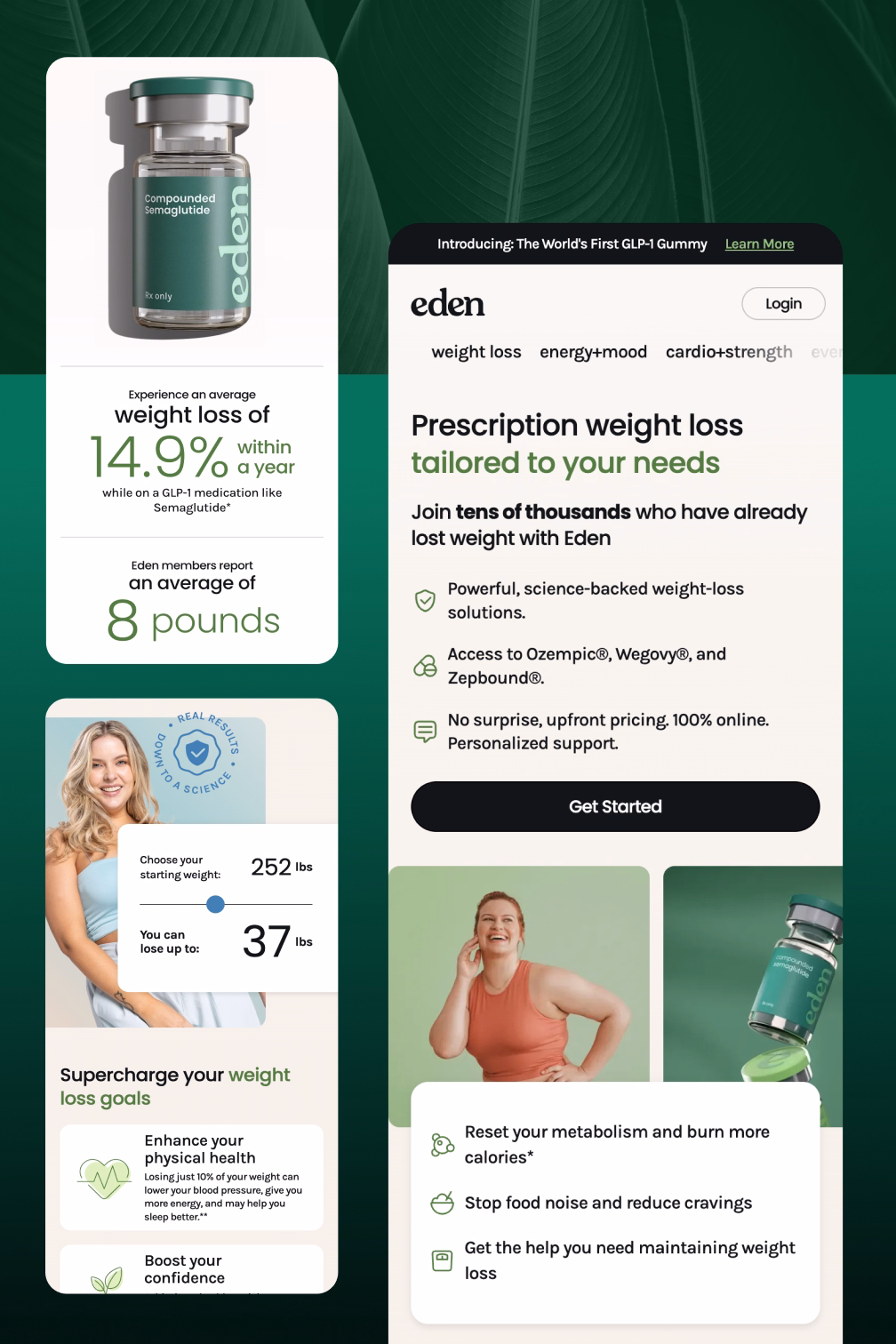 Eden homepage and product mockups from the same early period, including a Compounded Semaglutide vial and a Prescription Weight Loss homepage
