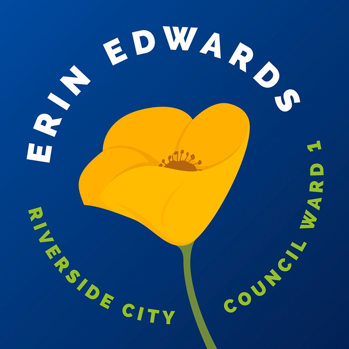 Erin Edwards campaign logo: a yellow California poppy inside a blue circular seal, reading Erin Edwards, Riverside City, Council Ward 1
