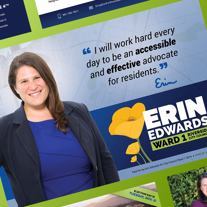 Campaign mailer with a quote from Erin Edwards about being an accessible, effective advocate for residents, next to the poppy logo and Ward 1 City Council messaging