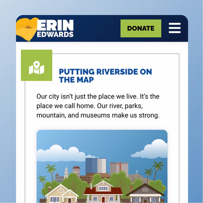 Mobile view of the Erin Edwards campaign website, showing the site header with a Donate button and a Putting Riverside on the Map section