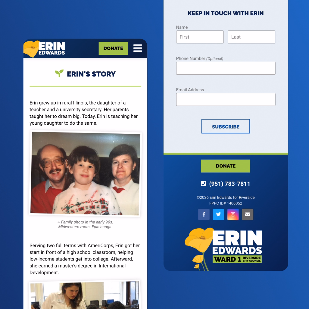 Phone mockups of an interior page on the Erin Edwards campaign website, pairing campaign photography with site content