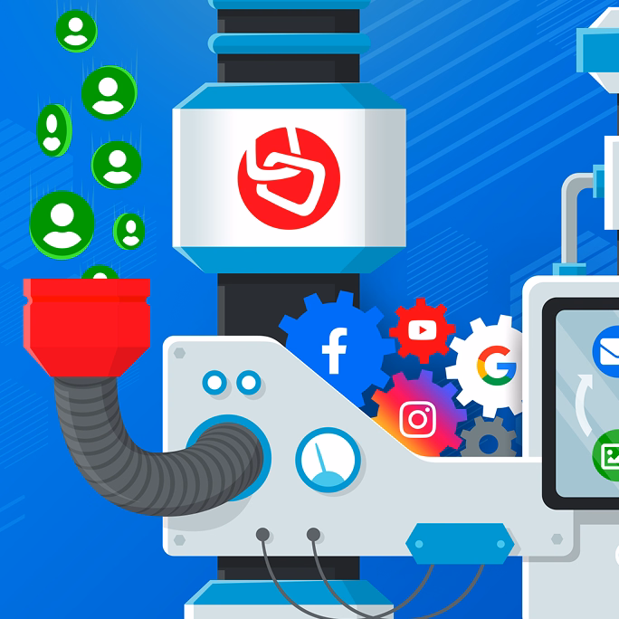 Illustrated marketing-automation machine covered in social and messaging app icons, part of LinkU's Ultimate Follow Up Machine concept