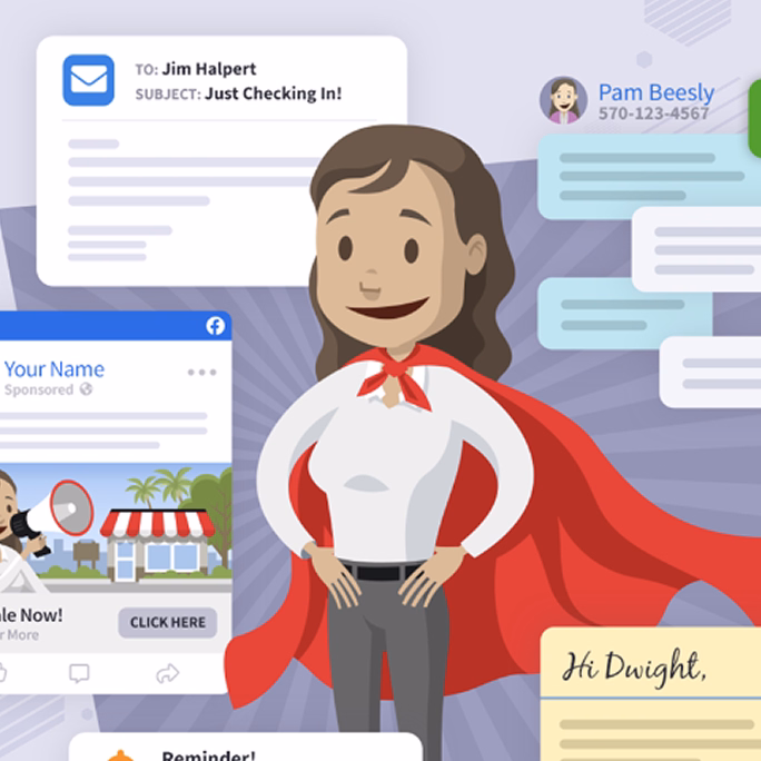 Illustrated LinkU user dressed as a caped superhero, next to chat message mockups