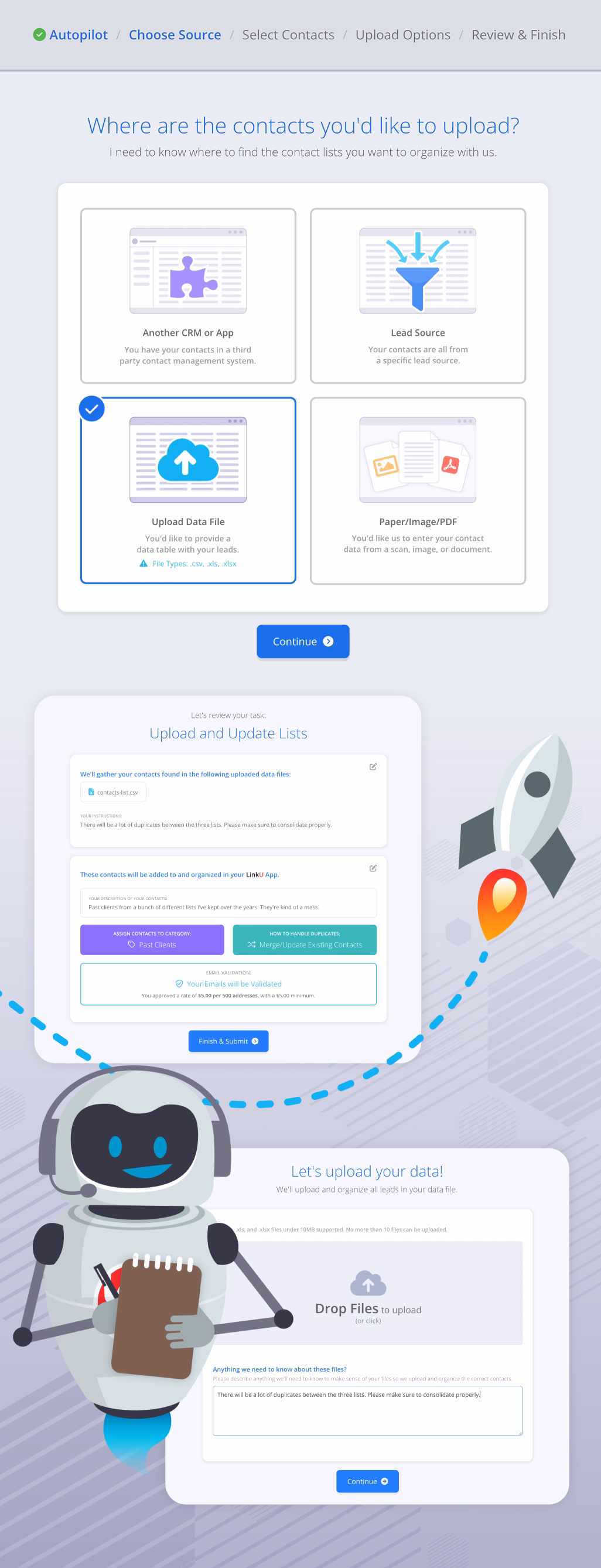 LinkU product onboarding flow, guided by the robot mascot