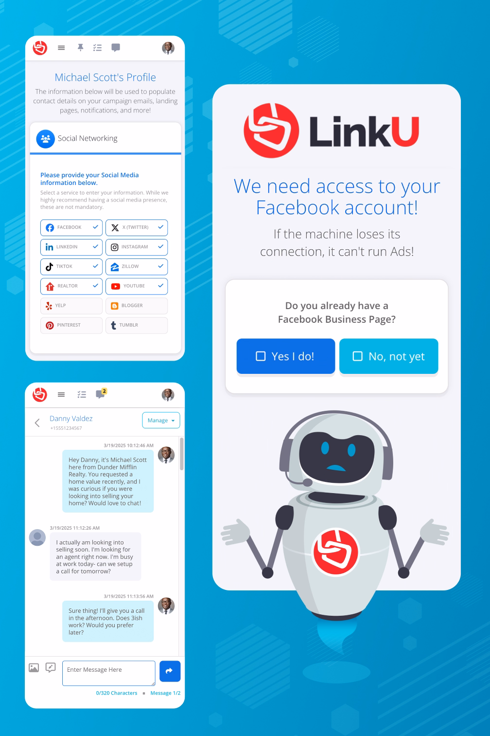 Various LinkU product screens on mobile browsers