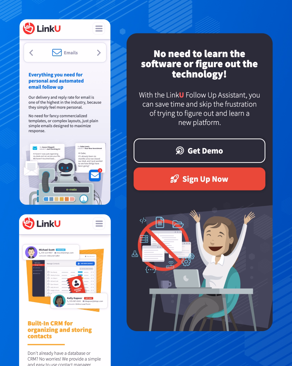 LinkU marketing website homepage, with features geared at small businesses owners