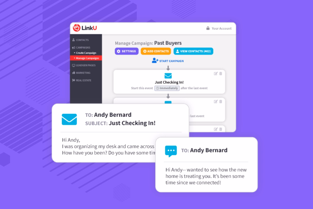LinkU marketing site mockup of an automated text-message check-in conversation