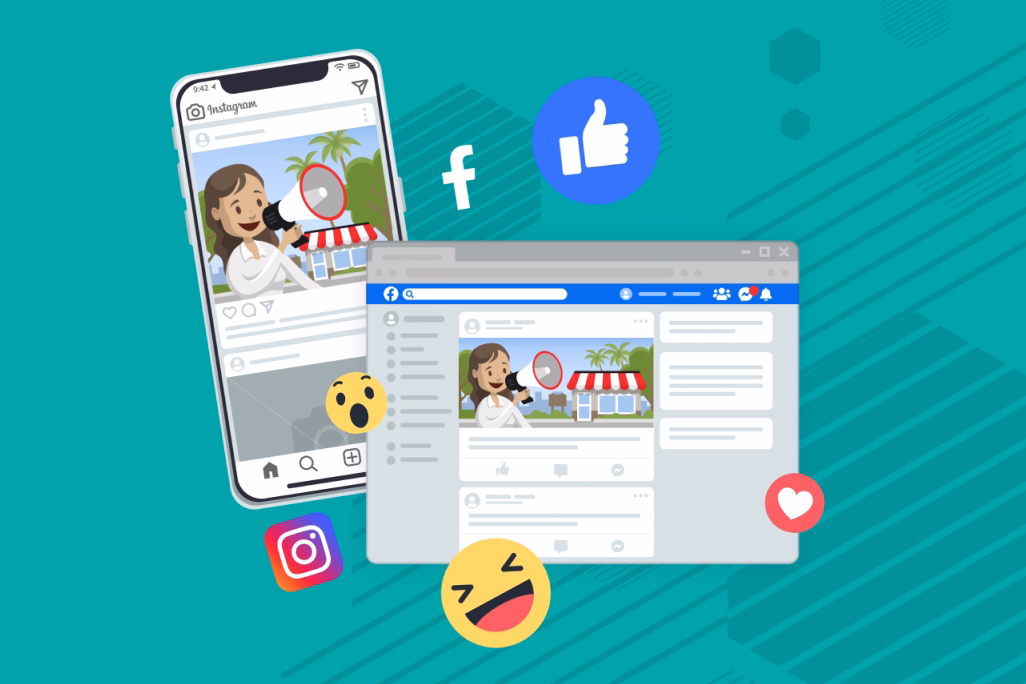 Phone mockup of LinkU's social media integration, posting a Facebook update