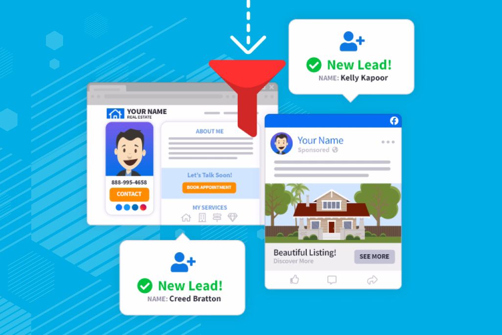 Illustrated diagram of LinkU's lead-generation funnel, from new lead to closed listing